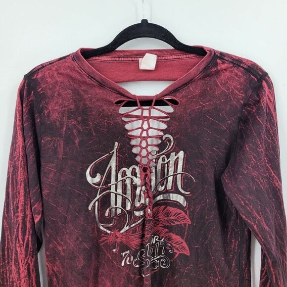 Vtg Affliction Distressed Oxblood Long Sleeve Shirt L Thrashed Ripped Destroyed - Picture 4 of 9